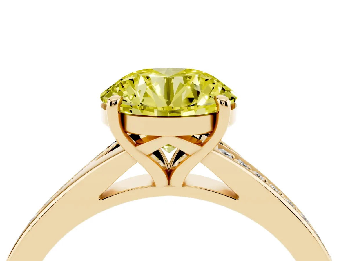 Fancy Yellow Round Cut Diamond Solitaire Ring with Pavé Band and Prong Setting Yellow gold