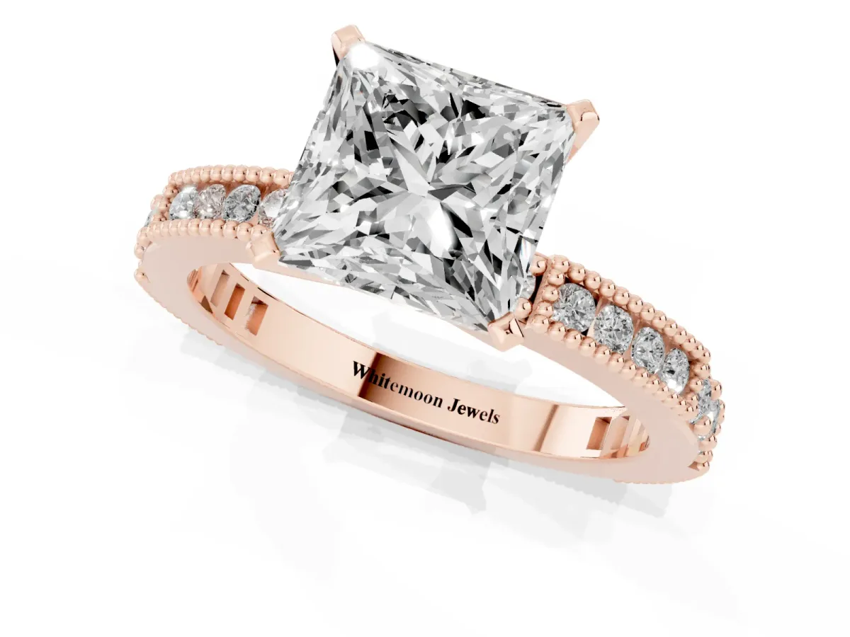 Princess Cut Solitaire with Pavé Band and Four-Prong Setting Rose gold