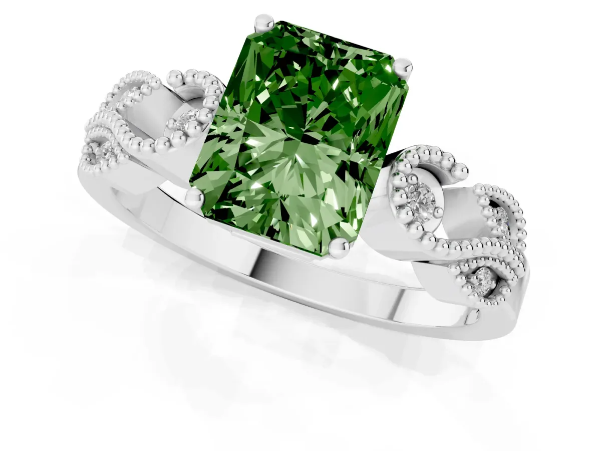 Fancy Green Radiant Cut Solitaire Milgrain Leaf Band with Prong Setting Silver