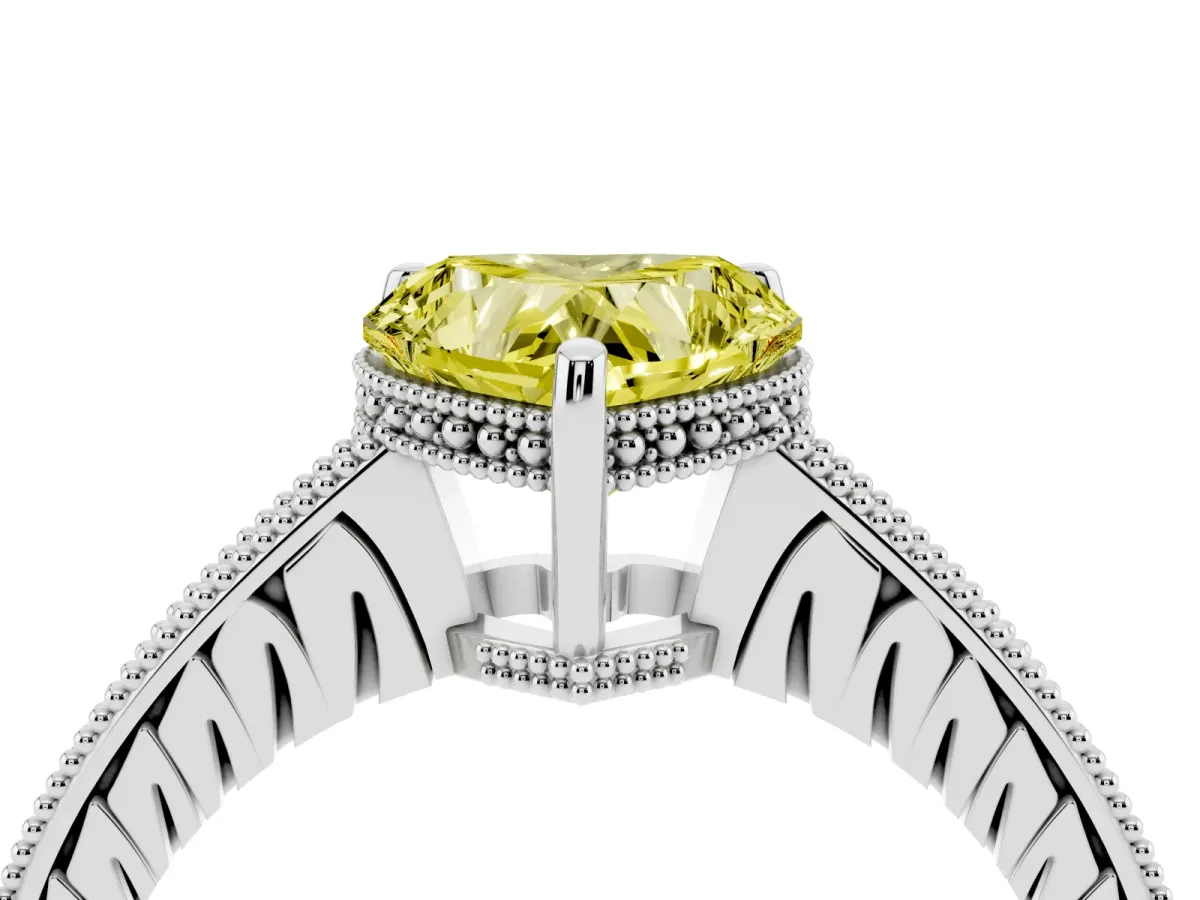 Fancy Yellow Heart Cut Solitaire Pavé Diamond Milgrain Engagement Ring with Four-Prong Setting Silver