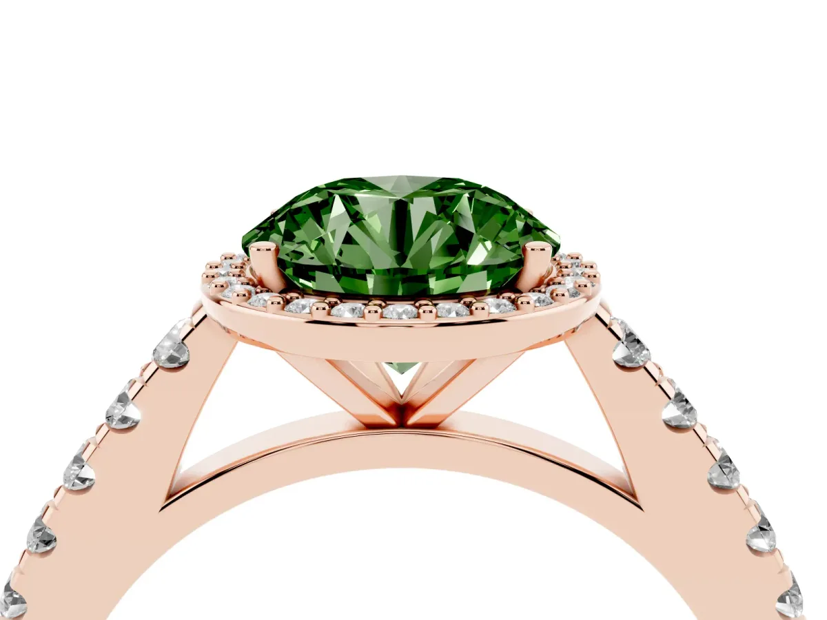 Fancy Green Round Cut Cut Halo Diamond Engagement Ring with Pave Band and Four-Prong Setting Rose gold