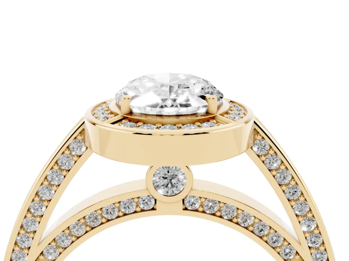 Oval Cut Cut Halo Pave Split Shank Prong Setting Ring Yellow gold