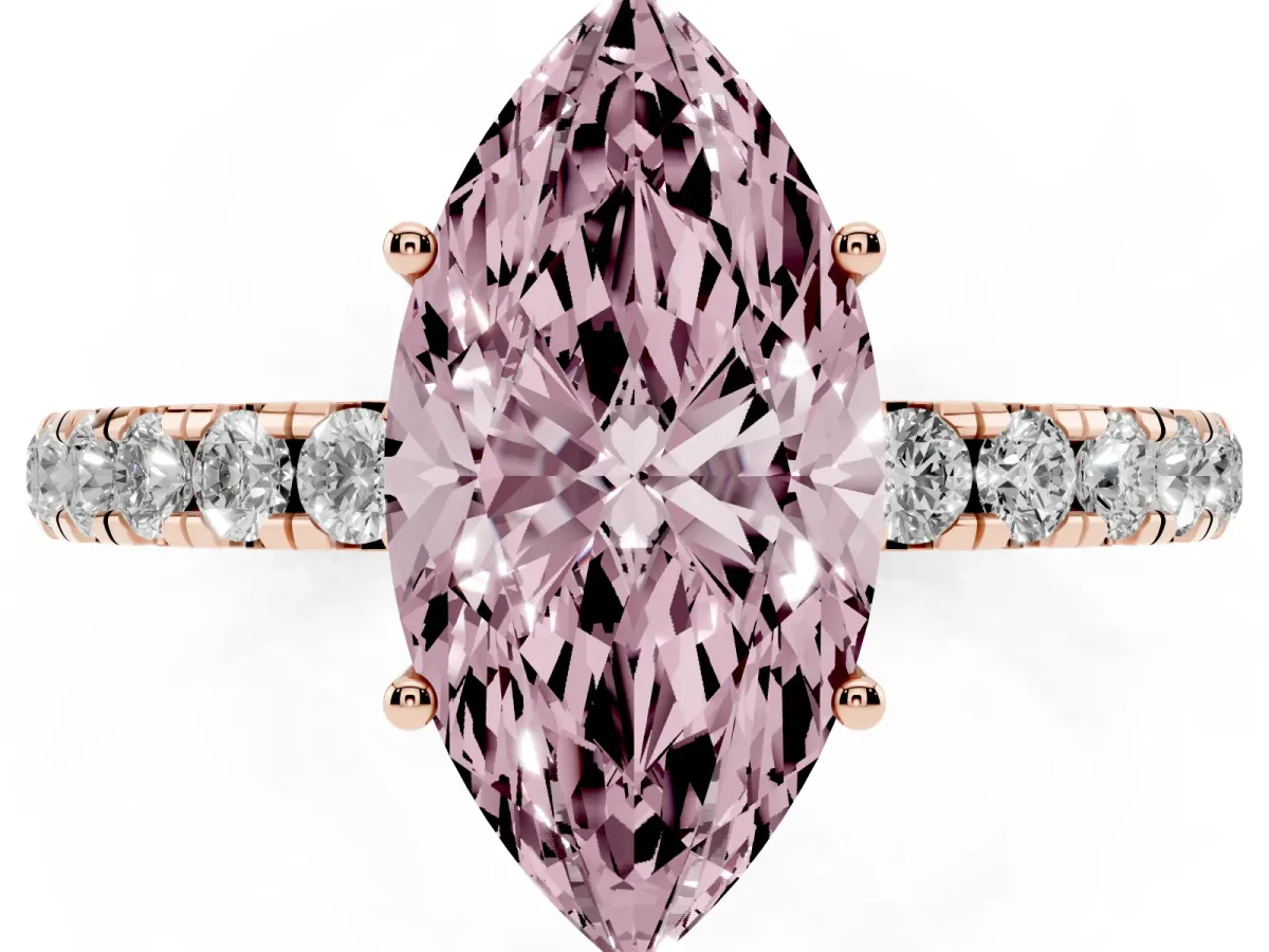 Fancy Pink Marquise Cut Diamond Pavé Solitaire Engagement Ring with Four-Prong Setting Rose gold