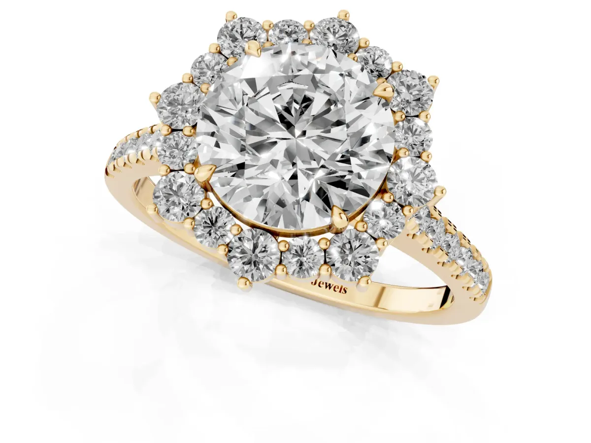 Round Cut Halo Diamond Ring with Pavé Band and Prong Setting Yellow gold
