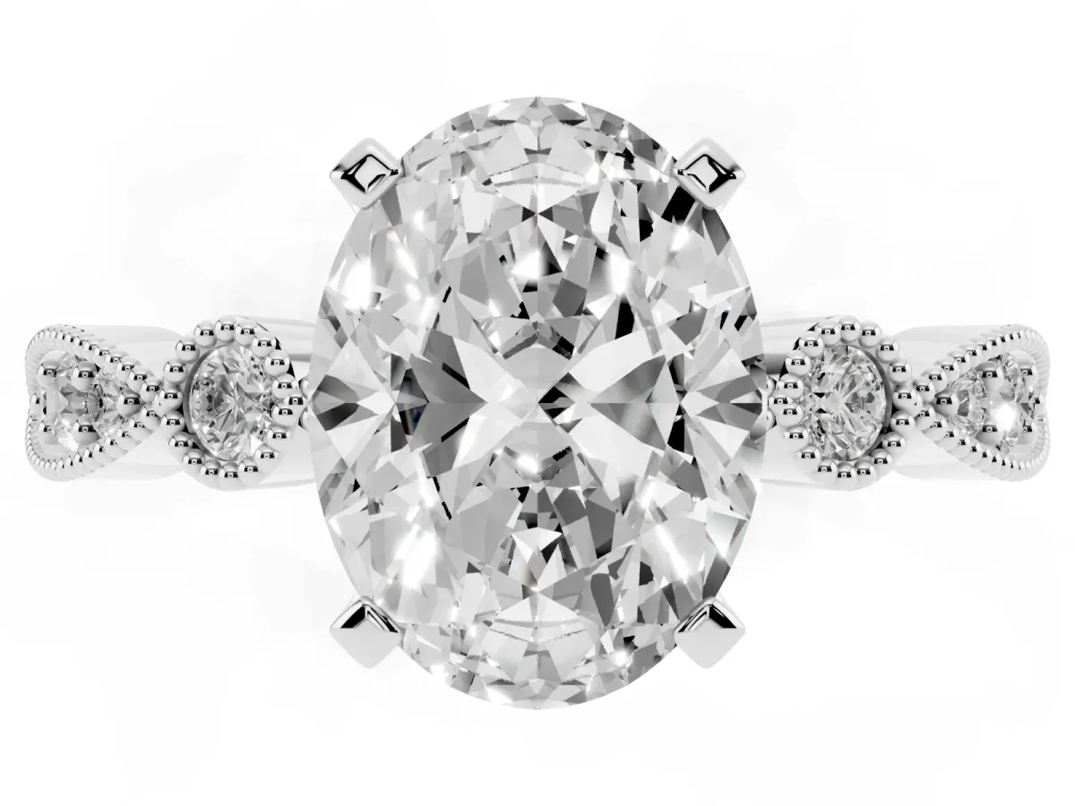 Oval Cut Milgrain Bezel Diamond Engagement Ring with Solitaire Prong Setting Platinum