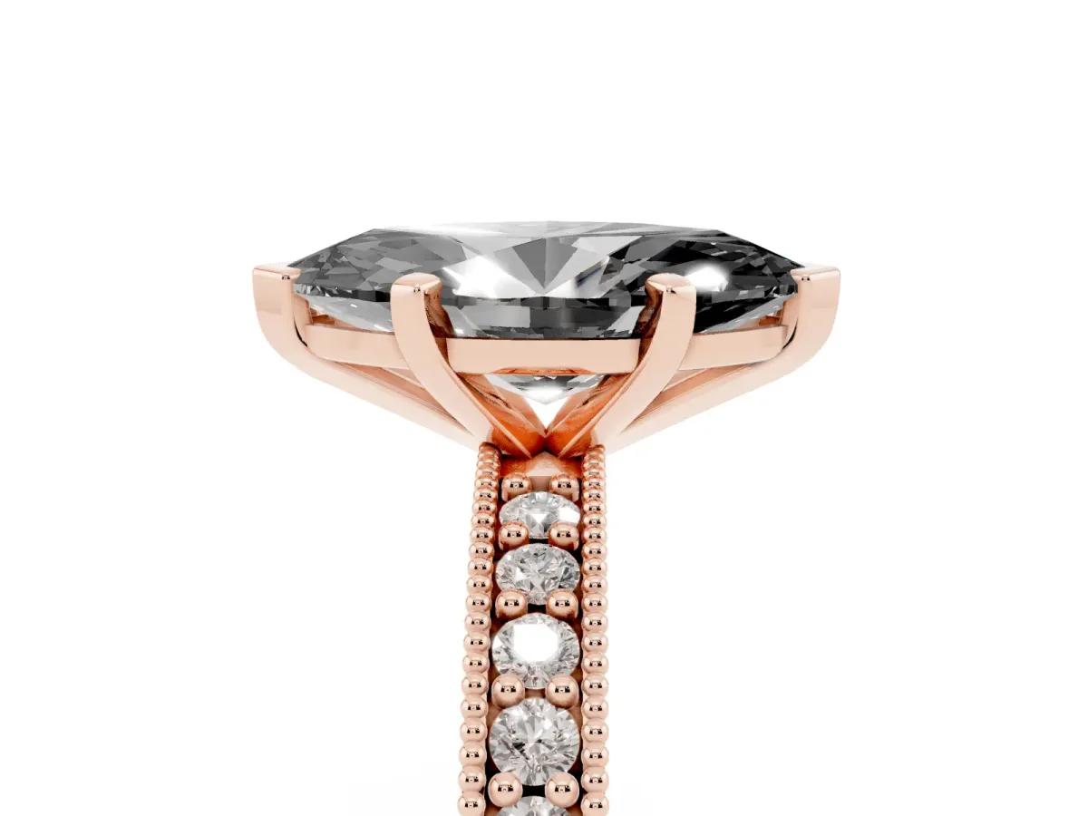 Fancy Black Marquise Cut Diamond Milgrain Pavé Engagement Ring with Four-Prong Setting Rose gold