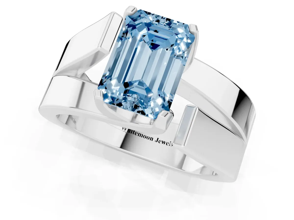 Fancy Blue Modern Tension Set Emerald Cut Diamond Solitaire Wide Band Ring Silver