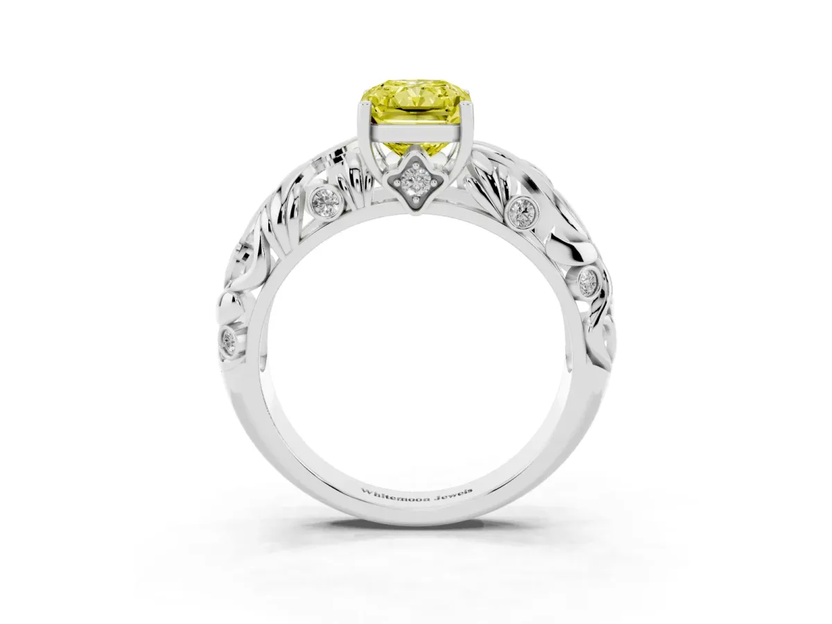 Fancy Yellow Radiant Cut Solitaire Diamond Leaf-Inspired Vine Band Ring with Prong Setting White gold