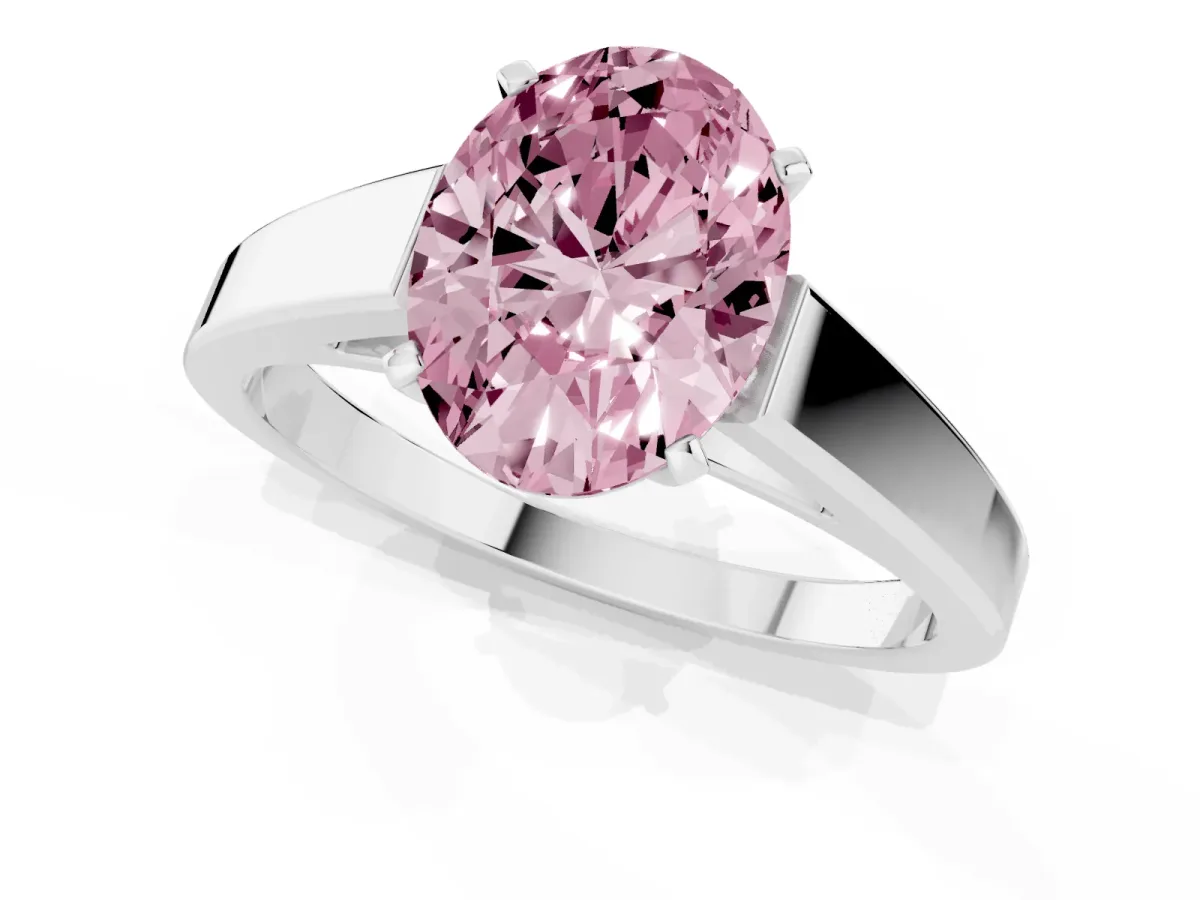 Fancy Pink Oval Cut Solitaire Engagement Ring with Four-Prong Setting and Tapered Band Platinum