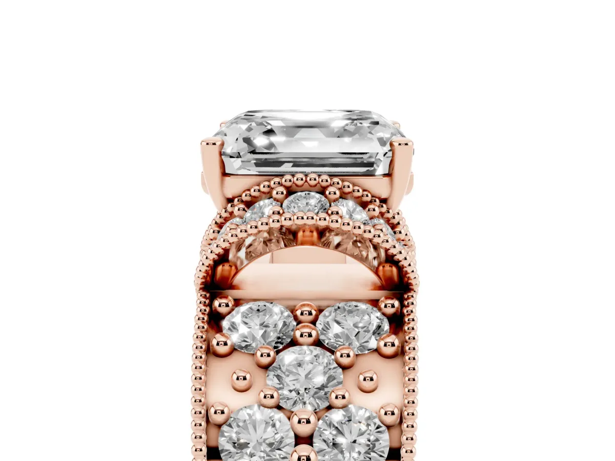 Asscher Cut Halo Pave Diamond Engagement Ring with Milgrain Detailing Rose gold