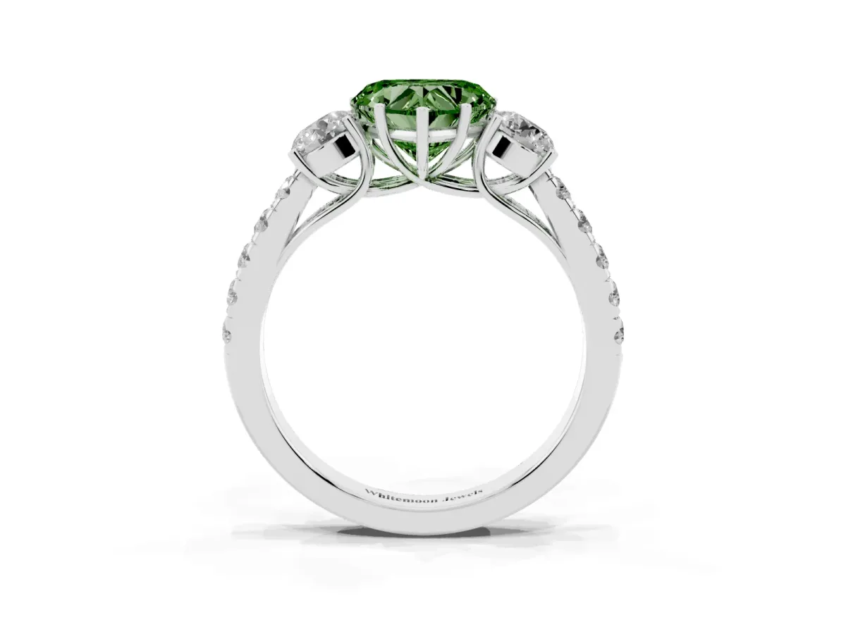Fancy Green Heart Cut Cut Diamond Three-Stone Ring with Round Side Stones and Pavé Band White gold