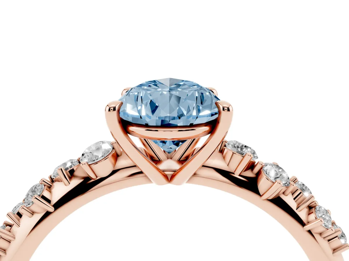 Fancy Blue Pear Cut Diamond Cluster Side Stone Solitaire Ring with Prong Setting Rose gold