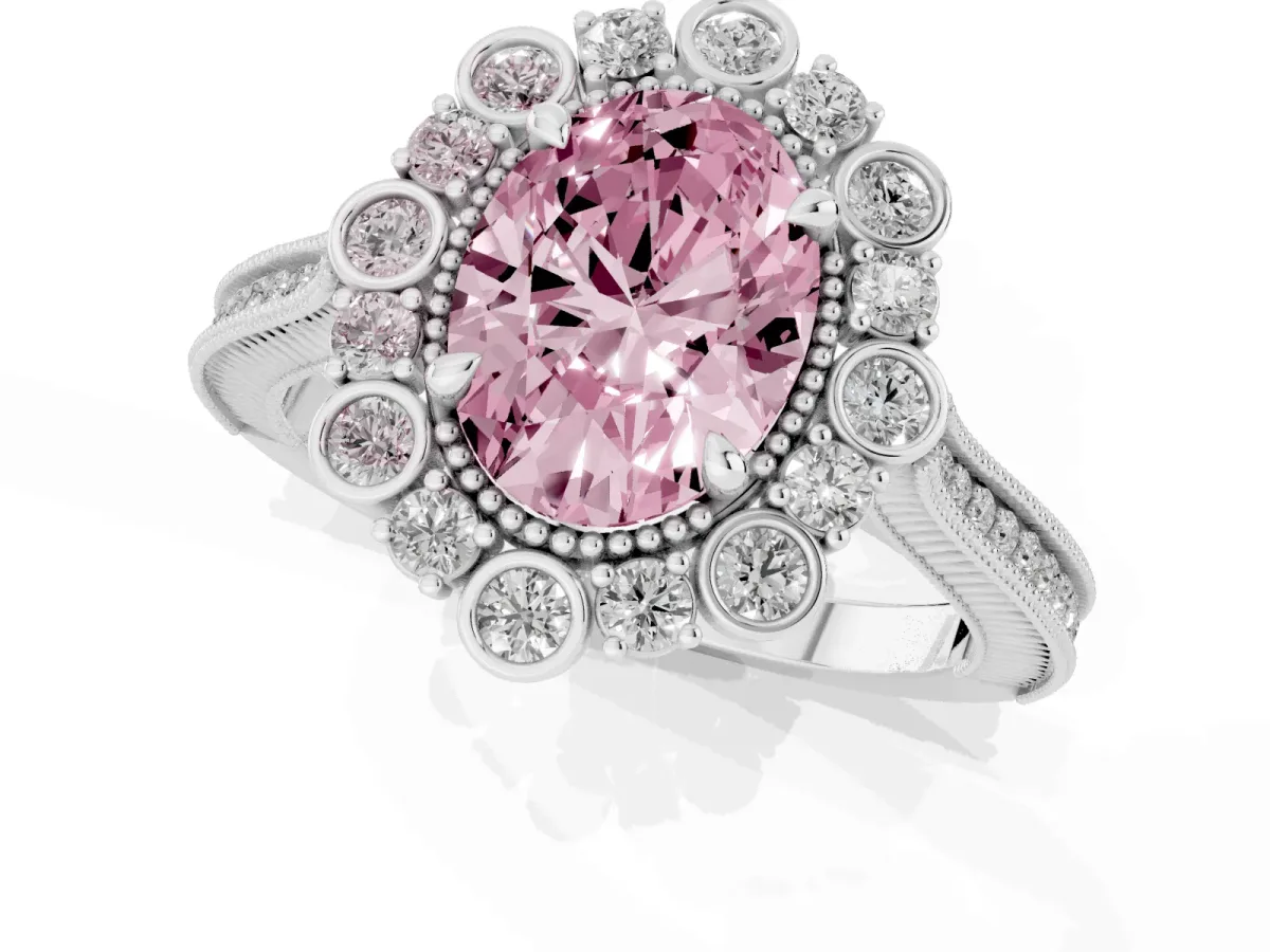 Fancy Pink Oval Cut Halo Milgrain Pave Diamond Ring with Four-Prong Setting Silver