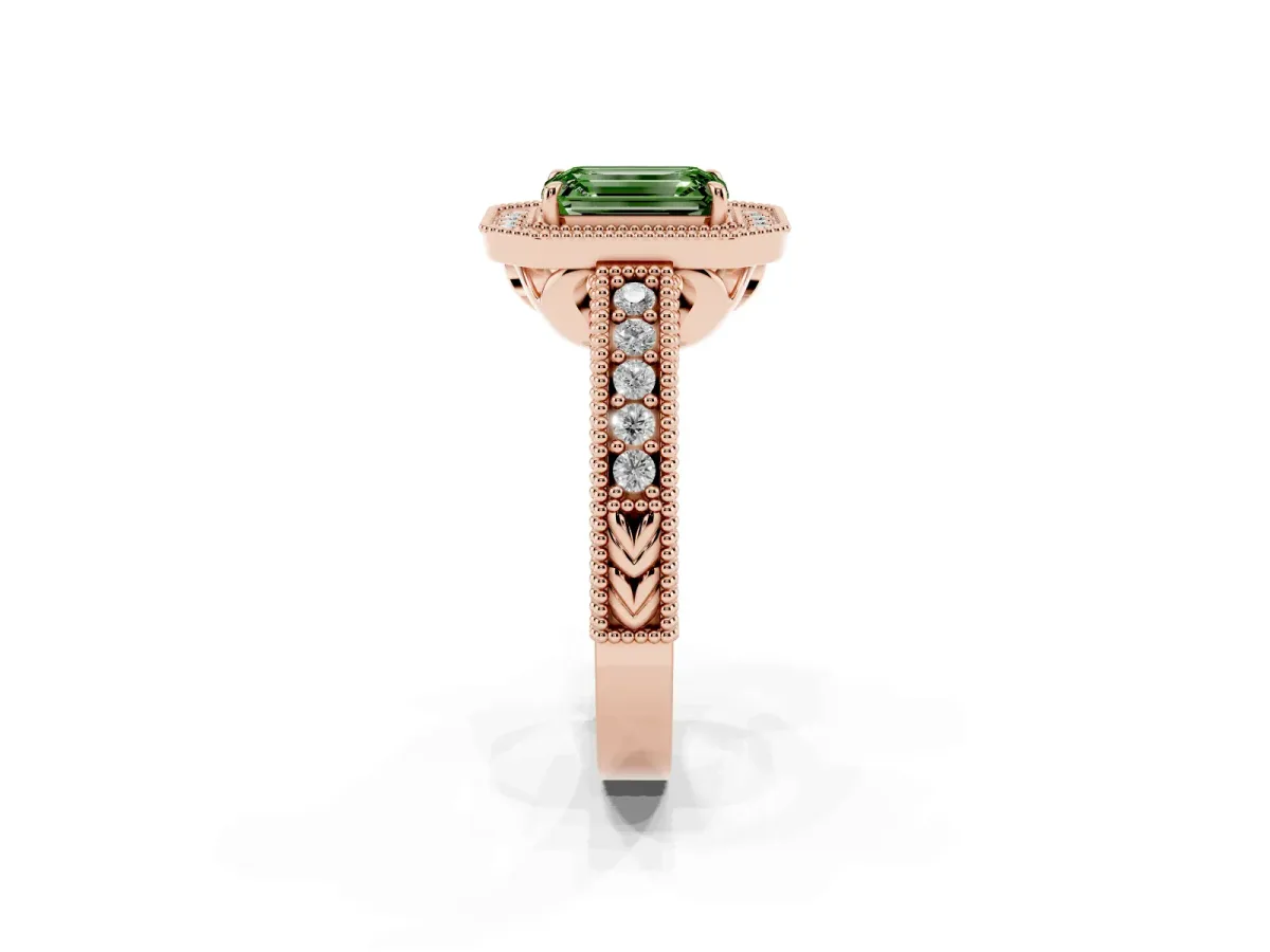 Fancy Green Emerald Cut Cut Halo Diamond Ring with Pavé Band and Four-Prong Setting Rose gold