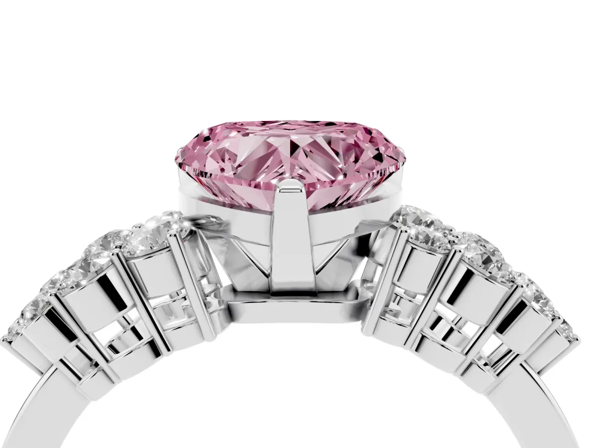 Fancy Pink Heart Cut Cluster Diamond Engagement Ring with Pavé Band and Four-Prong Setting Platinum