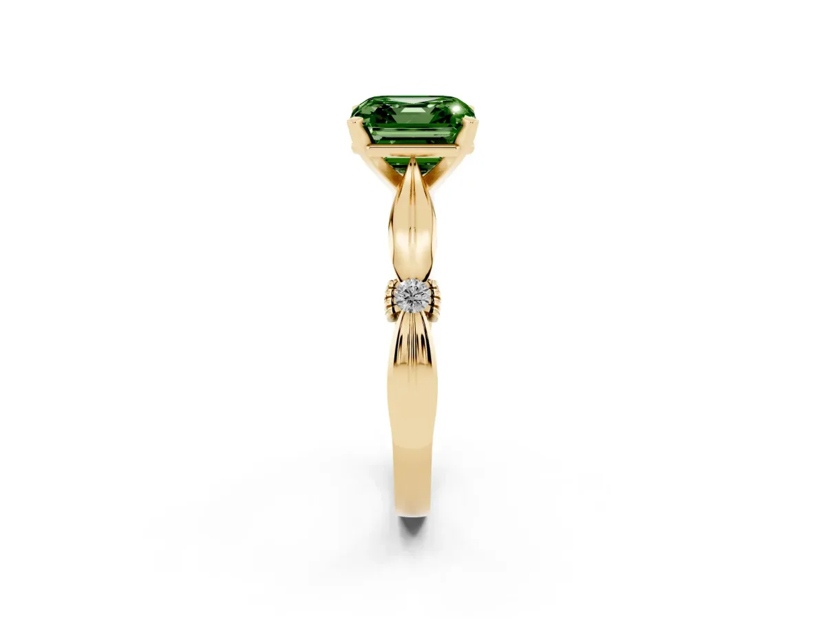 Fancy Green Asscher Cut Solitaire Diamond Twisted Band with Four-Prong Setting Yellow gold