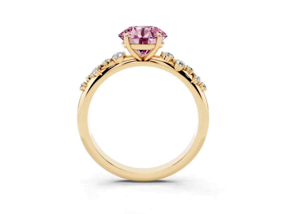 Fancy Pink Round Cut Diamond Cluster Prong-Set Solitaire Ring Yellow gold