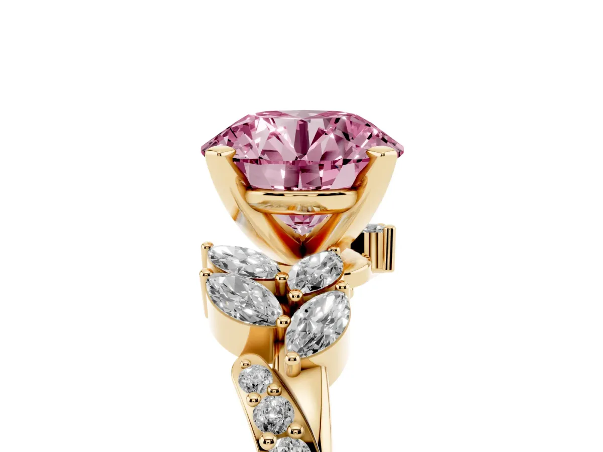 Fancy Pink Round Cut Solitaire Marquise Twist Band with Six-Prong Setting Yellow gold