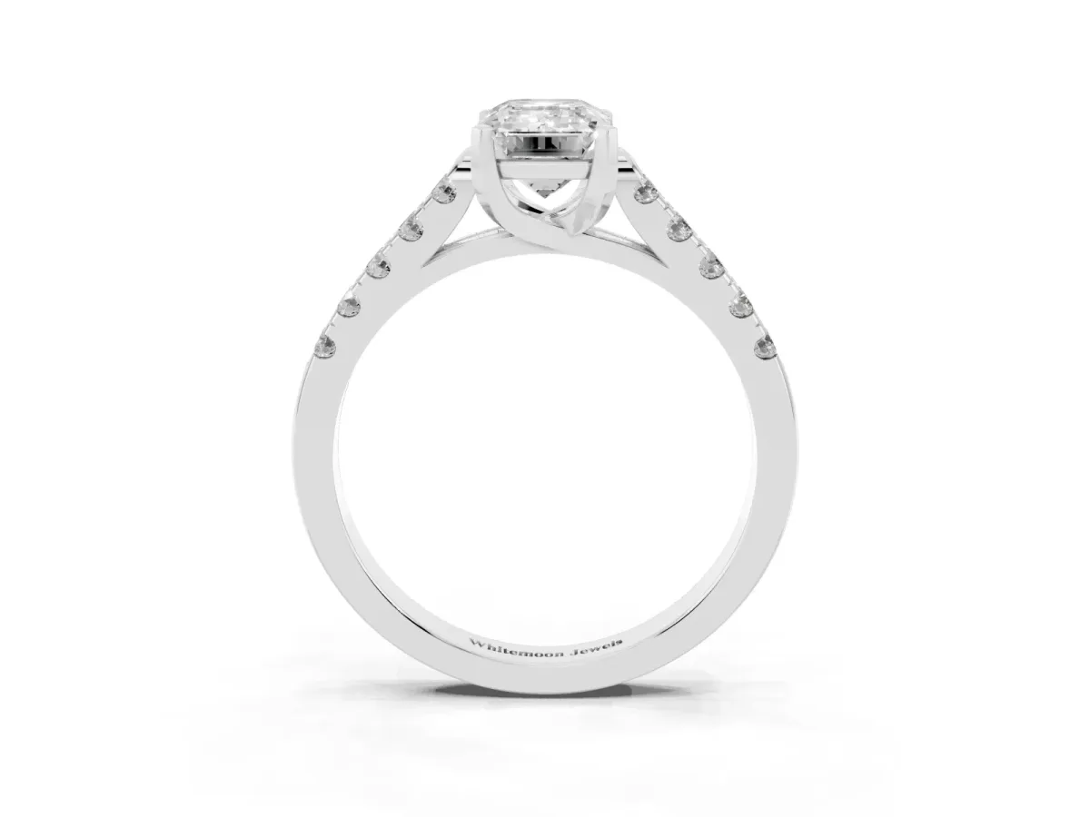 Emerald Cut Diamond Pavé Band Solitaire Ring with Prong Setting Silver