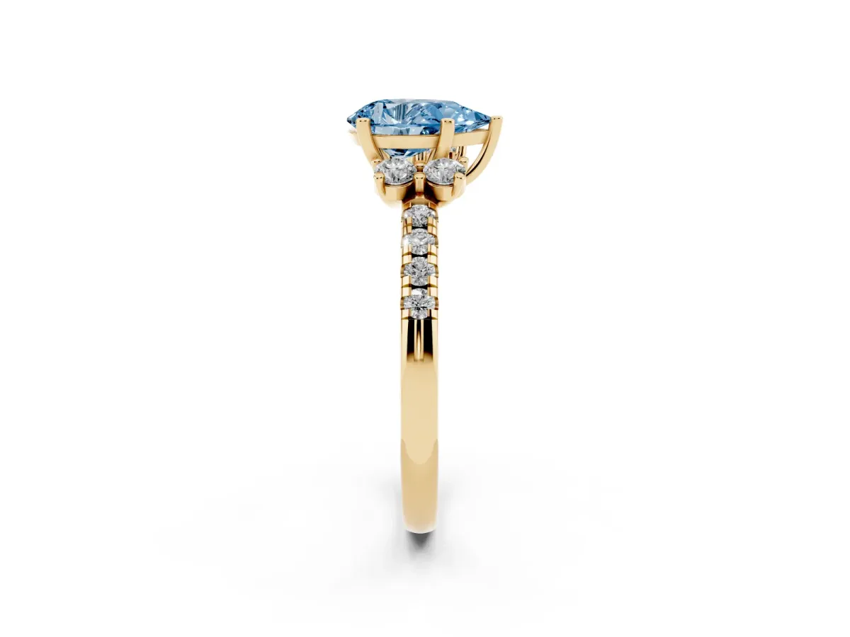 Fancy Blue Pear Cut Diamond Three-Stone Pave Band with Four-Prong Setting Yellow gold