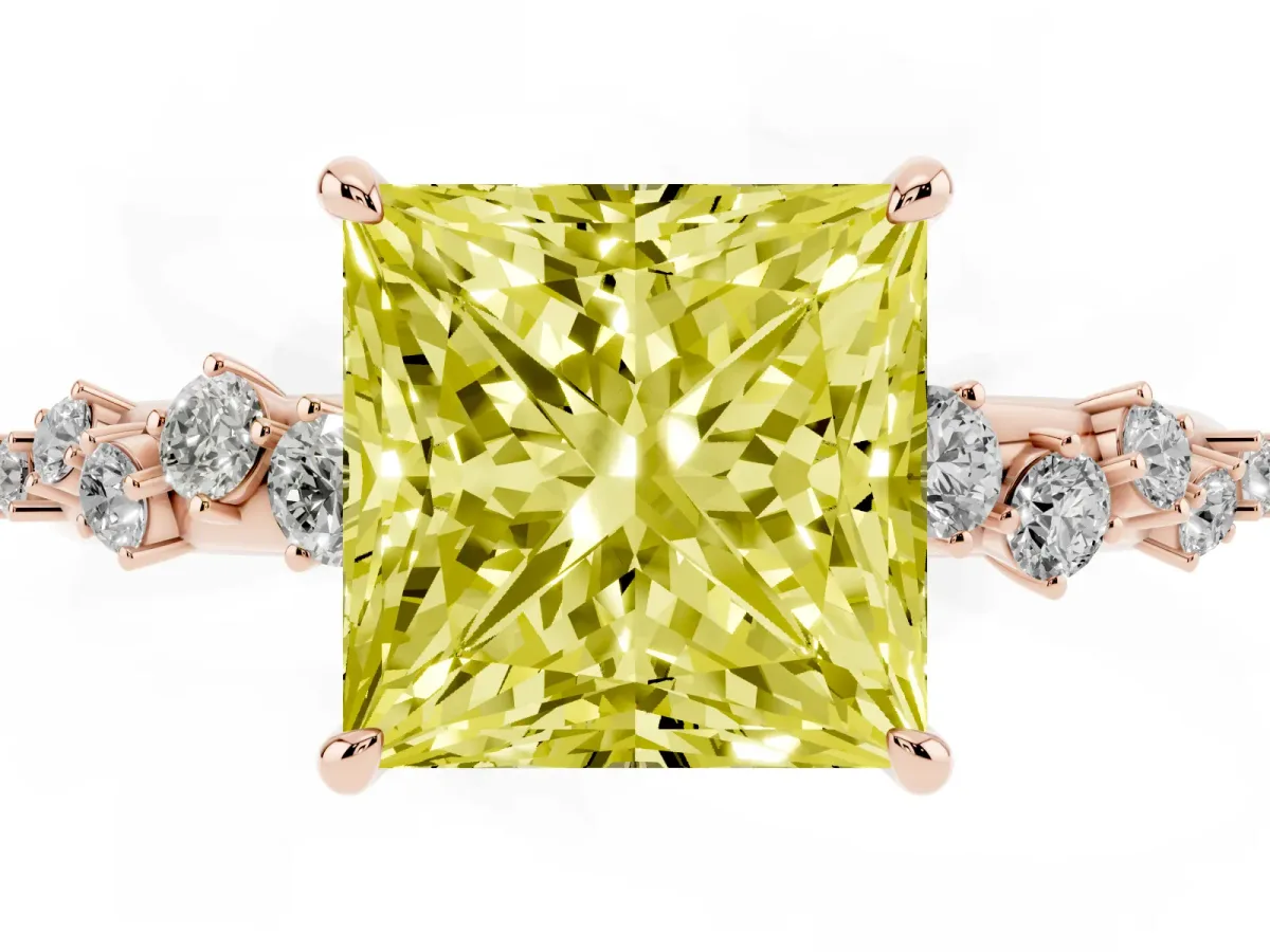 Fancy Yellow Princess Cut Diamond Cluster Prong-Set Solitaire Ring Rose gold