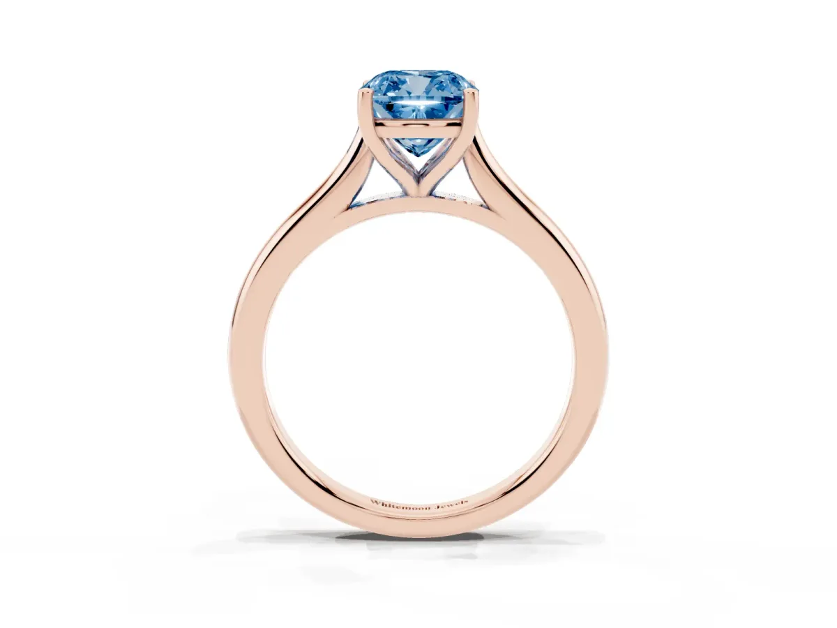 Fancy Blue Cushion Cut Cut Solitaire Ring with Cathedral Band and Four-Prong Setting Rose gold