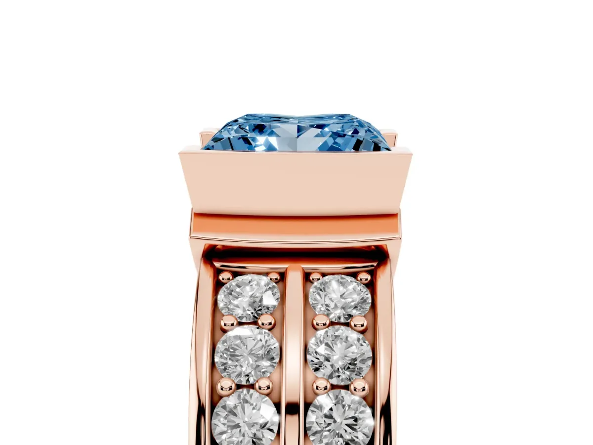 Fancy Blue Princess Cut Brilliant Diamond Channel Set Wide Band Ring with Bezel Setting Rose gold