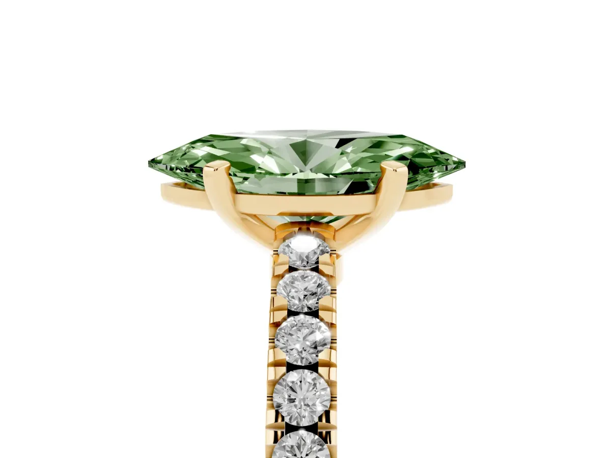 Fancy Green Marquise Cut Solitaire Diamond with Pavé Band and Four-Prong Setting Yellow gold