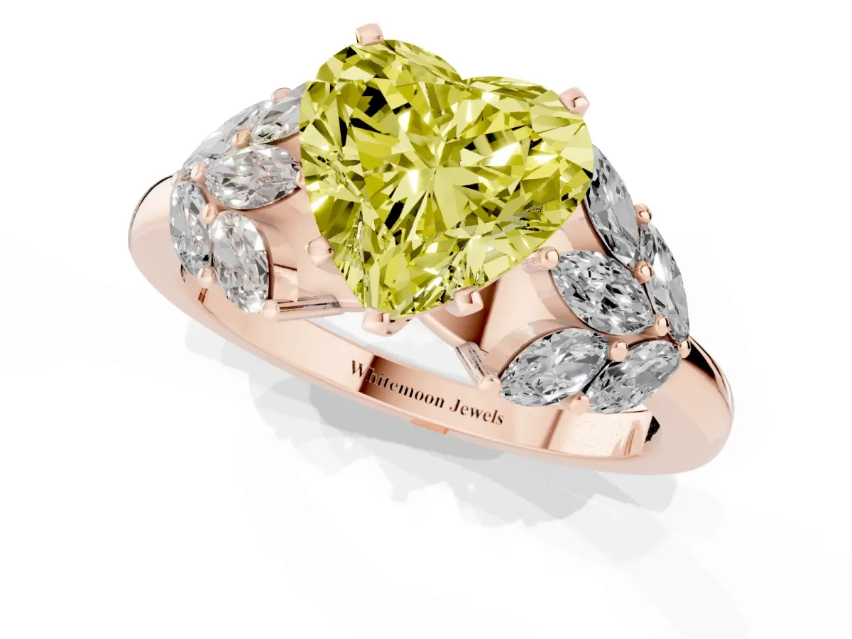 Fancy Yellow Heart Cut Diamond Cluster Leaf Design Ring with Prong Setting Rose gold
