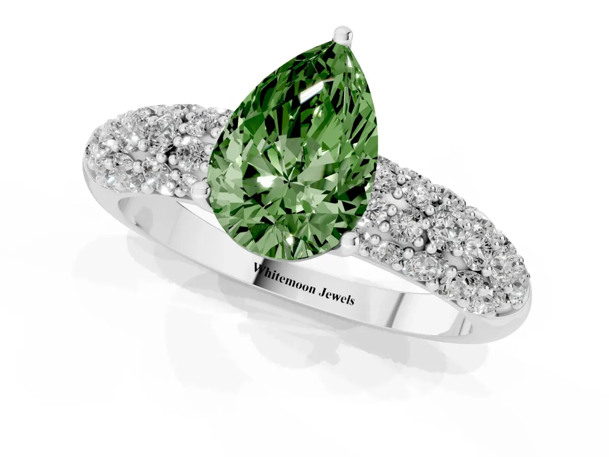 Fancy Green Pear Cut Diamond Pavé Band Solitaire Ring with Four-Prong Setting White gold