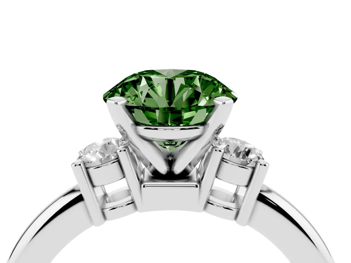 Fancy Green Three-Stone Round Cut Cut Diamond Solitaire with Prong Setting and Classic Band Silver