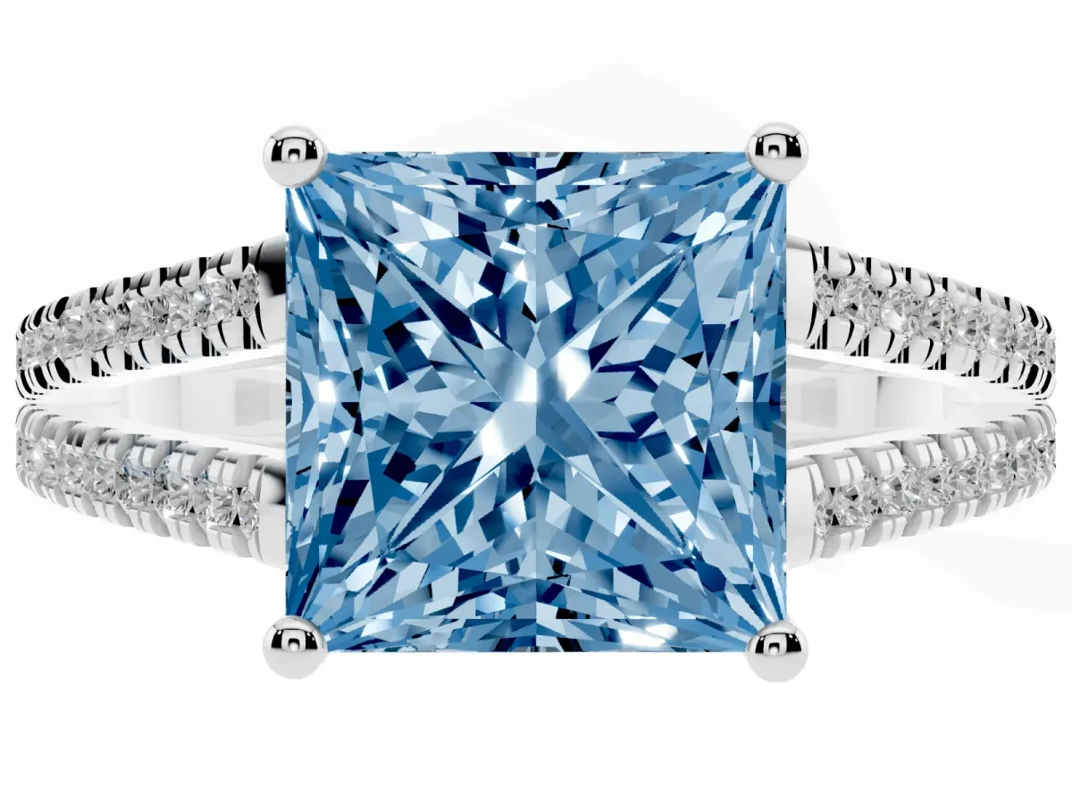 Fancy Blue Princess Cut Diamond Solitaire Engagement Ring with Split Shank Pavé Band Platinum