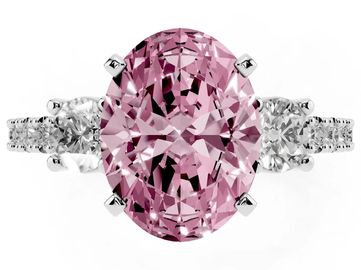 Fancy Pink Oval Cut Three-Stone Diamond Pavé Band with Prong Setting Platinum