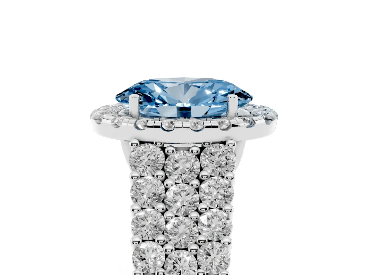Fancy Blue Oval Cut Diamond Halo Engagement Ring with Triple Row Round Pavé Band and Prong Setting White gold
