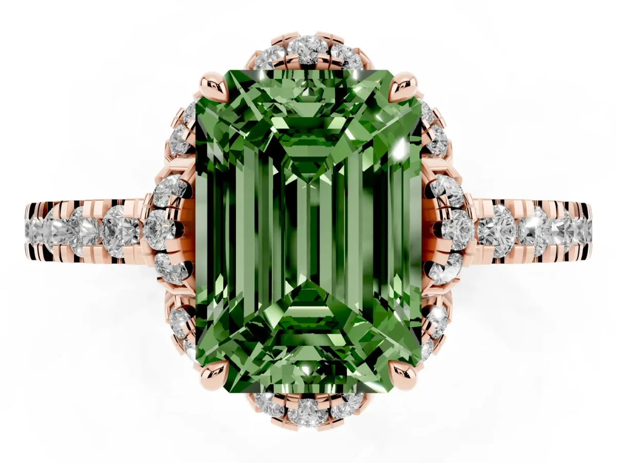 Fancy Green Emerald Cut Diamond Halo Pave Band with Four-Prong Setting Rose gold