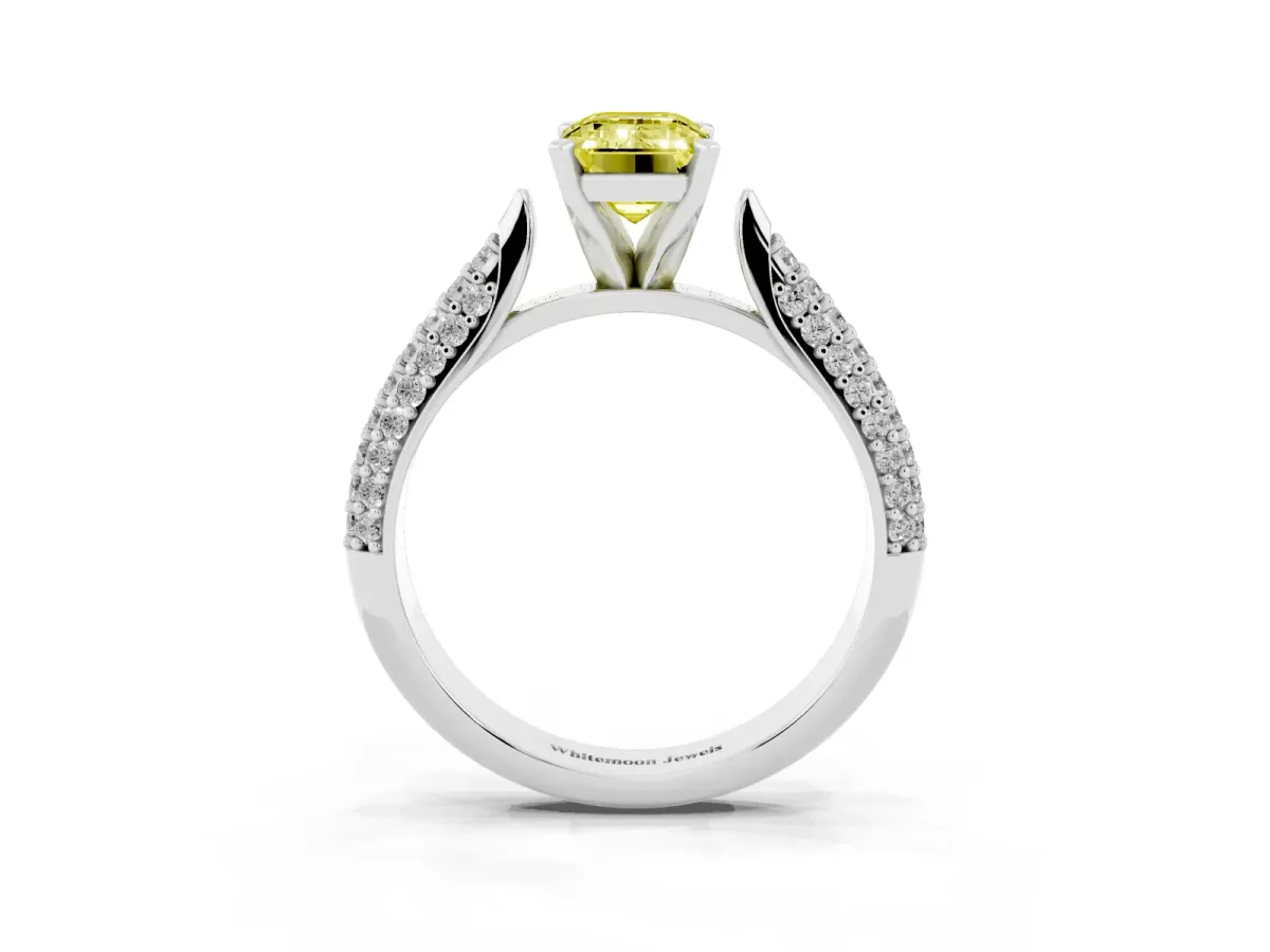 Fancy Yellow Emerald Cut Diamond Solitaire Engagement Ring with Multi-Row Round Pavé Band and Prong Setting Silver
