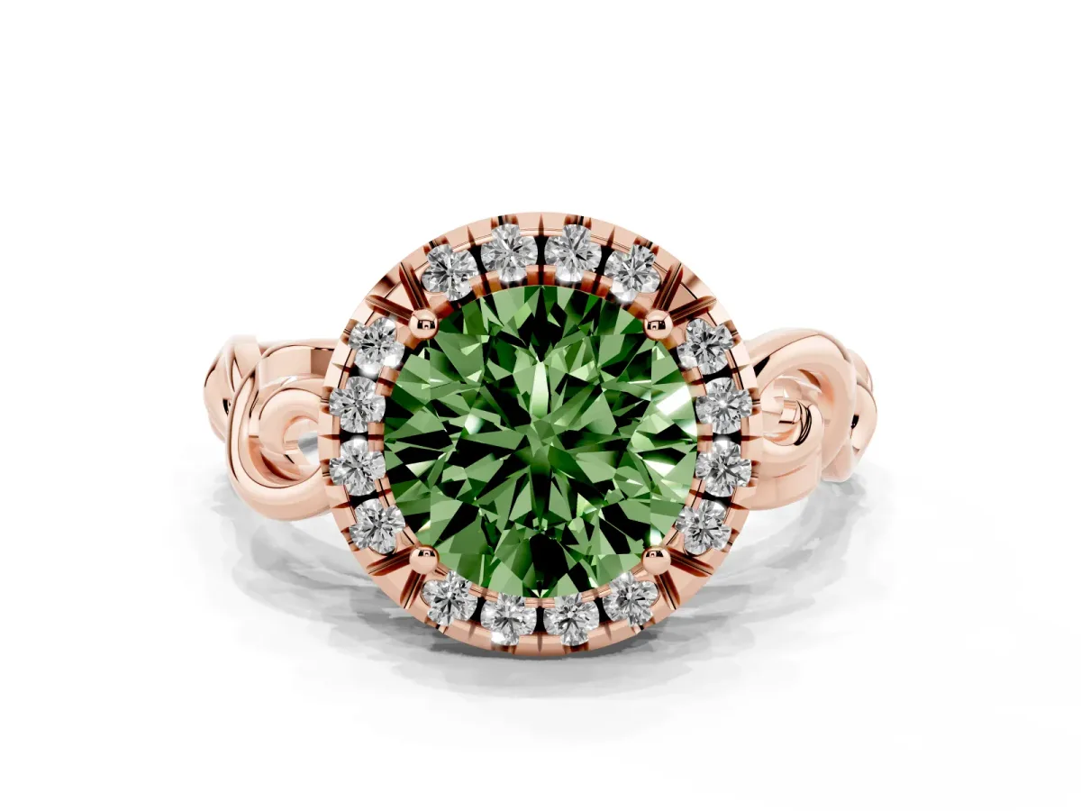 Fancy Green Round Cut Cut Halo Diamond Ring with Scrollwork Band and Four-Prong Setting Rose gold