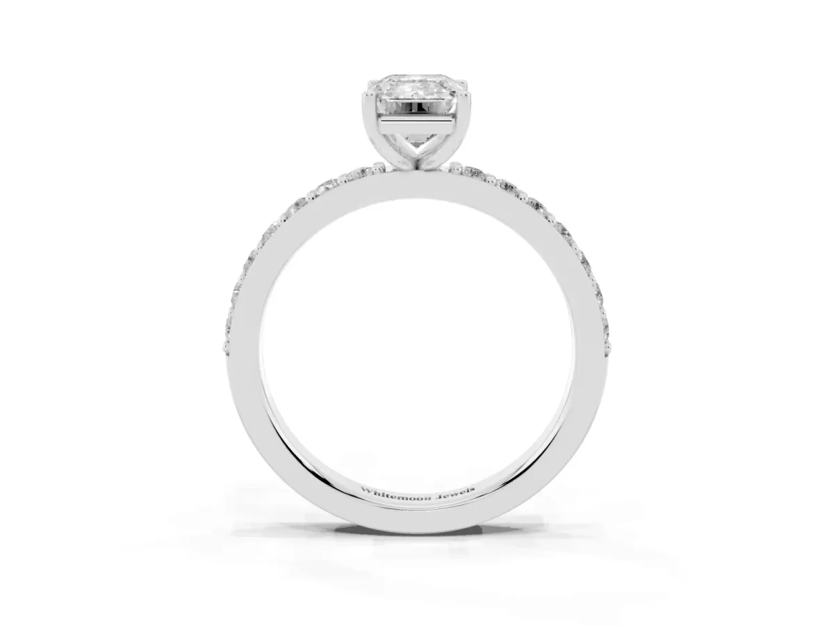 Emerald Cut Cut Diamond Solitaire with Pave Band and Four-Prong Setting Platinum