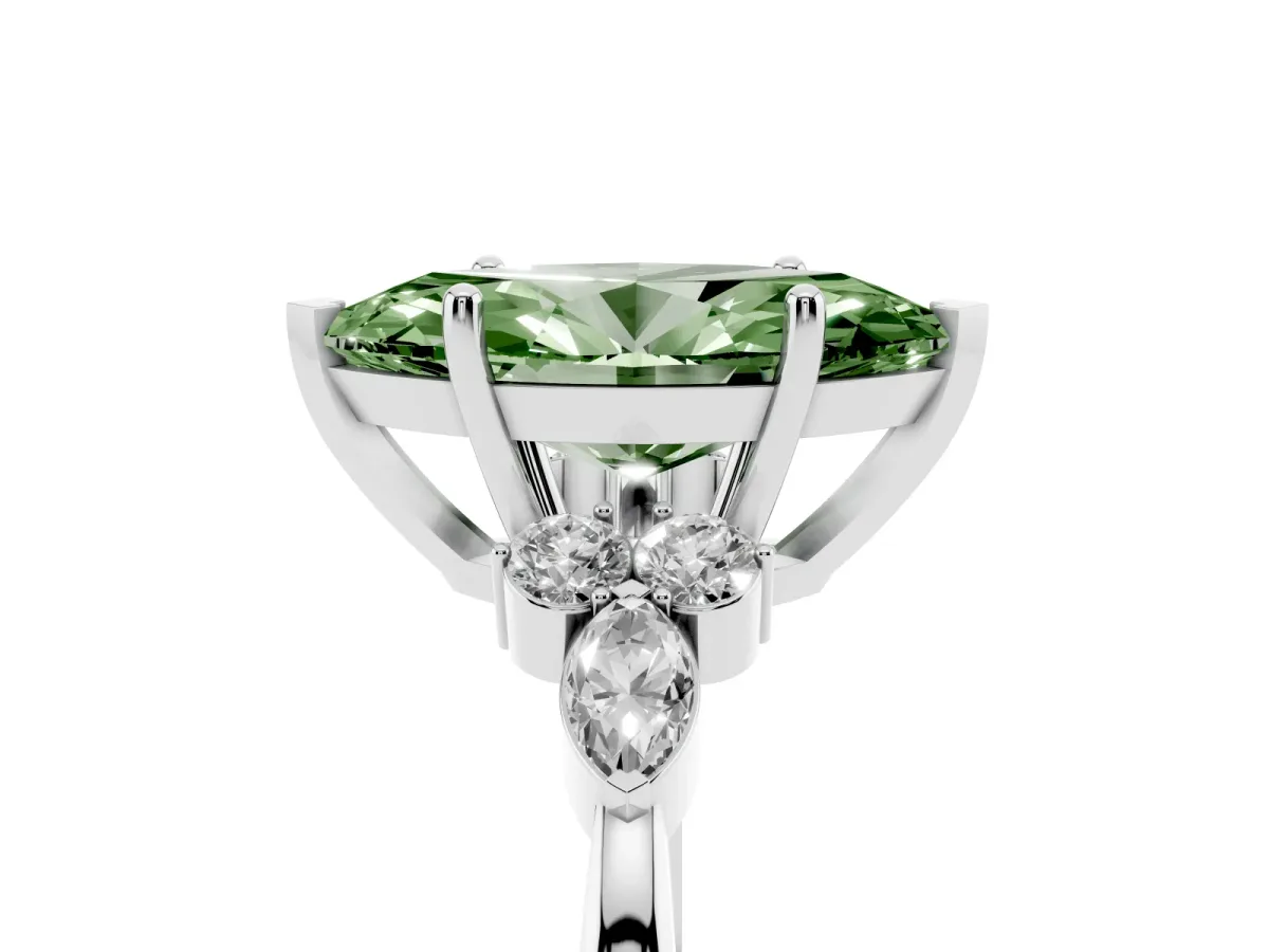 Fancy Green Marquise Cut Brilliant Diamond Solitaire Ring with Pear Side Stones and Four-Prong Setting Platinum