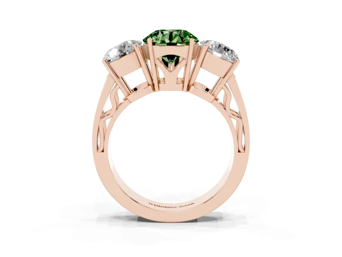 Fancy Green Round Cut Diamond Three-Stone Ring with Prong Setting and Textured Band Rose gold