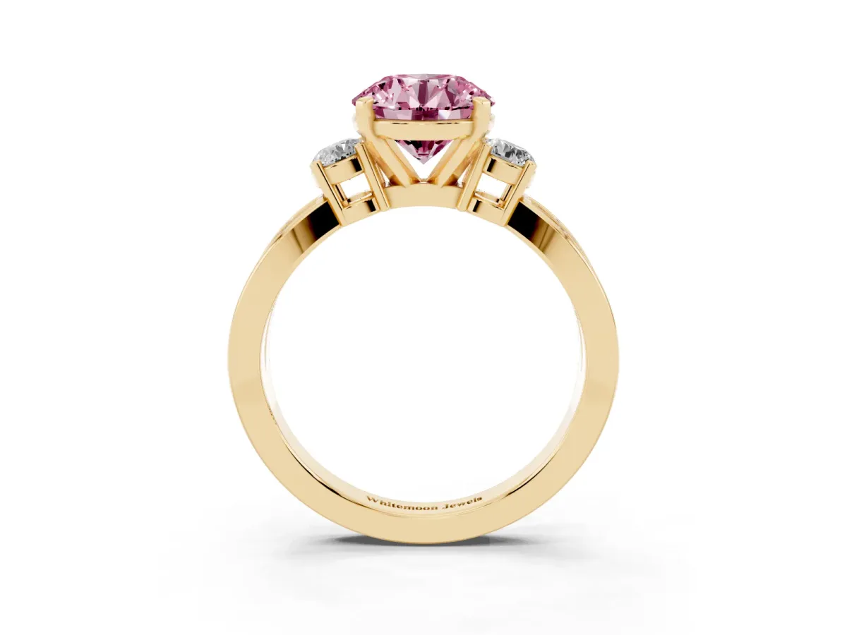 Fancy Pink Three-Stone Round Cut Cut Diamond Twist Band with Prong Setting Yellow gold
