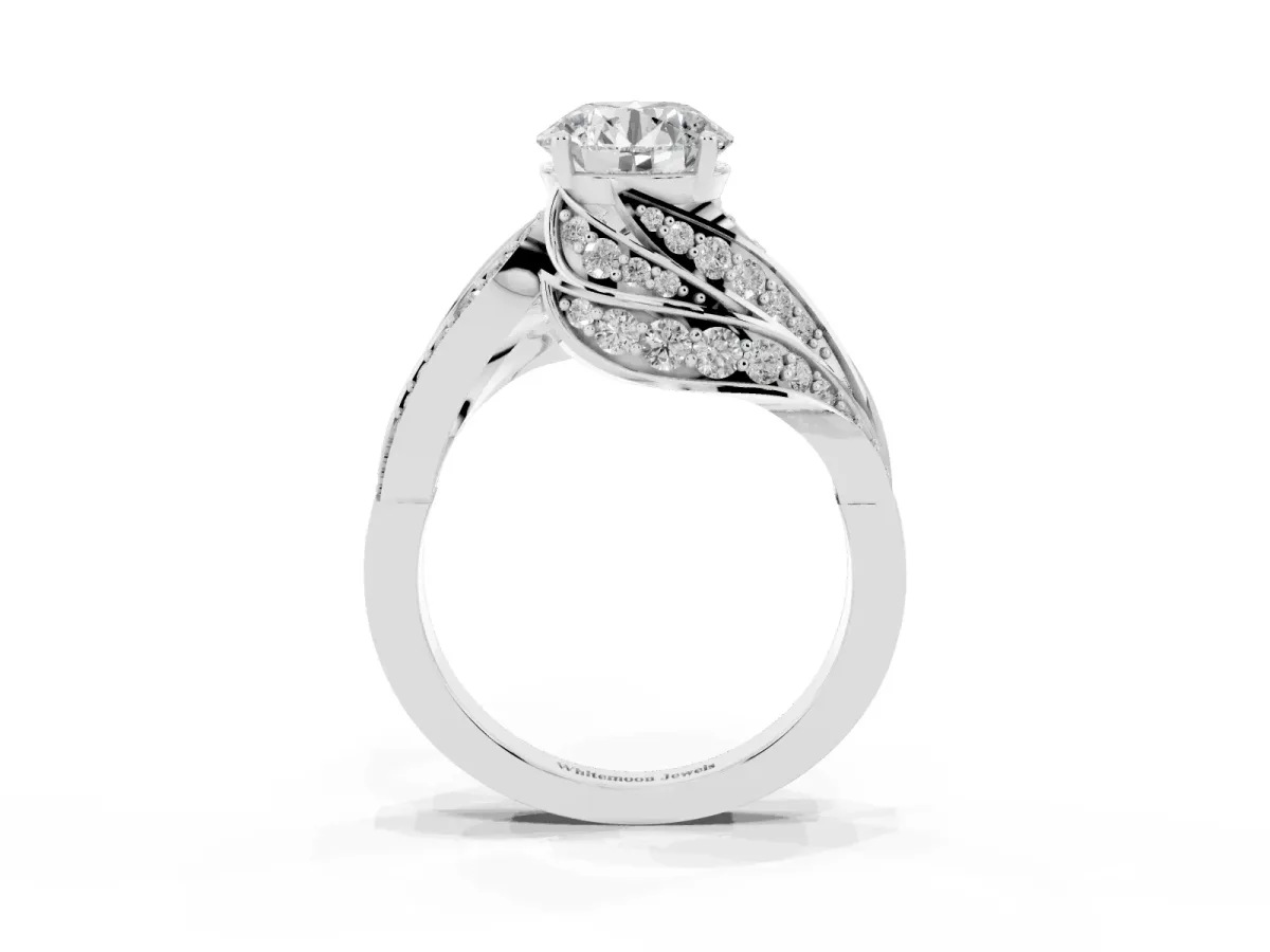 Round Cut Diamond Solitaire Ring with Prong Setting and Twisted Pavé Band Silver