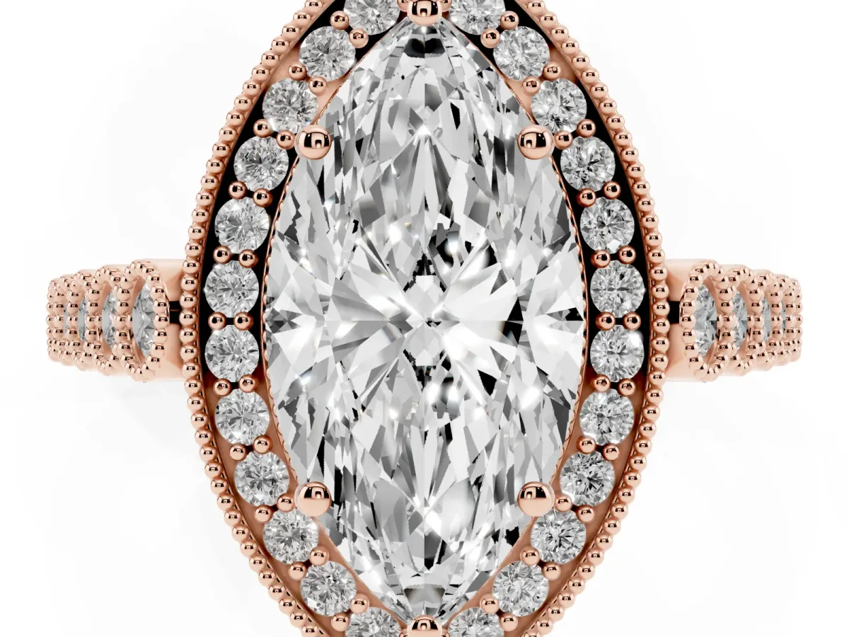 Marquise Cut Halo Milgrain Solitaire with Bezel Set Side Stones and Pave Band Rose gold