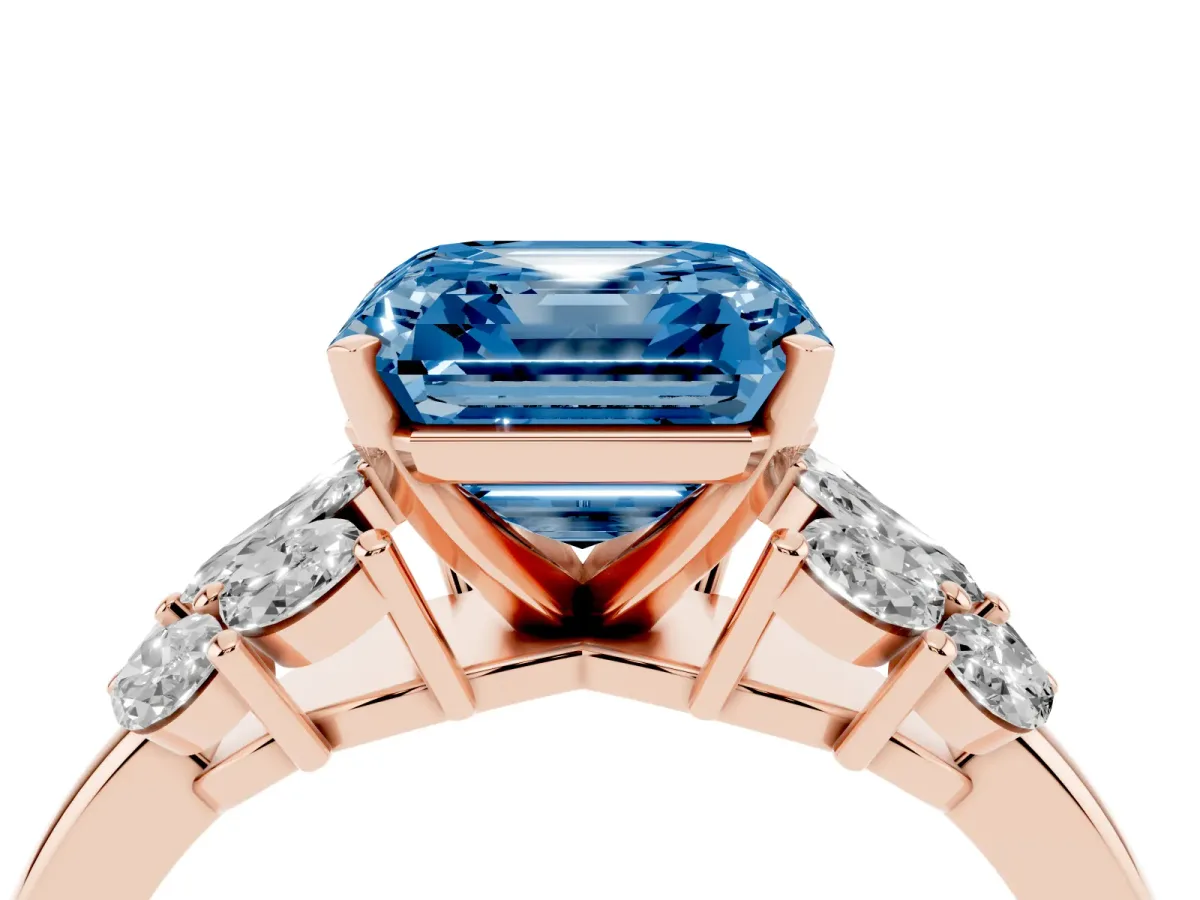 Fancy Blue Asscher Cut Diamond Cluster Leaf Design Ring with Prong Setting Rose gold