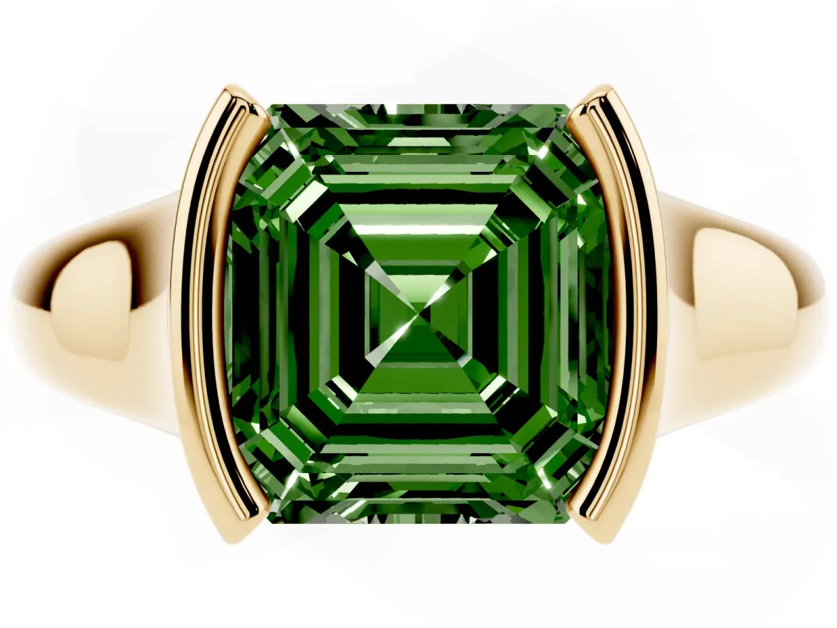 Fancy Green Asscher Cut Solitaire Tension Set Diamond Ring with Split Shank Band Yellow gold
