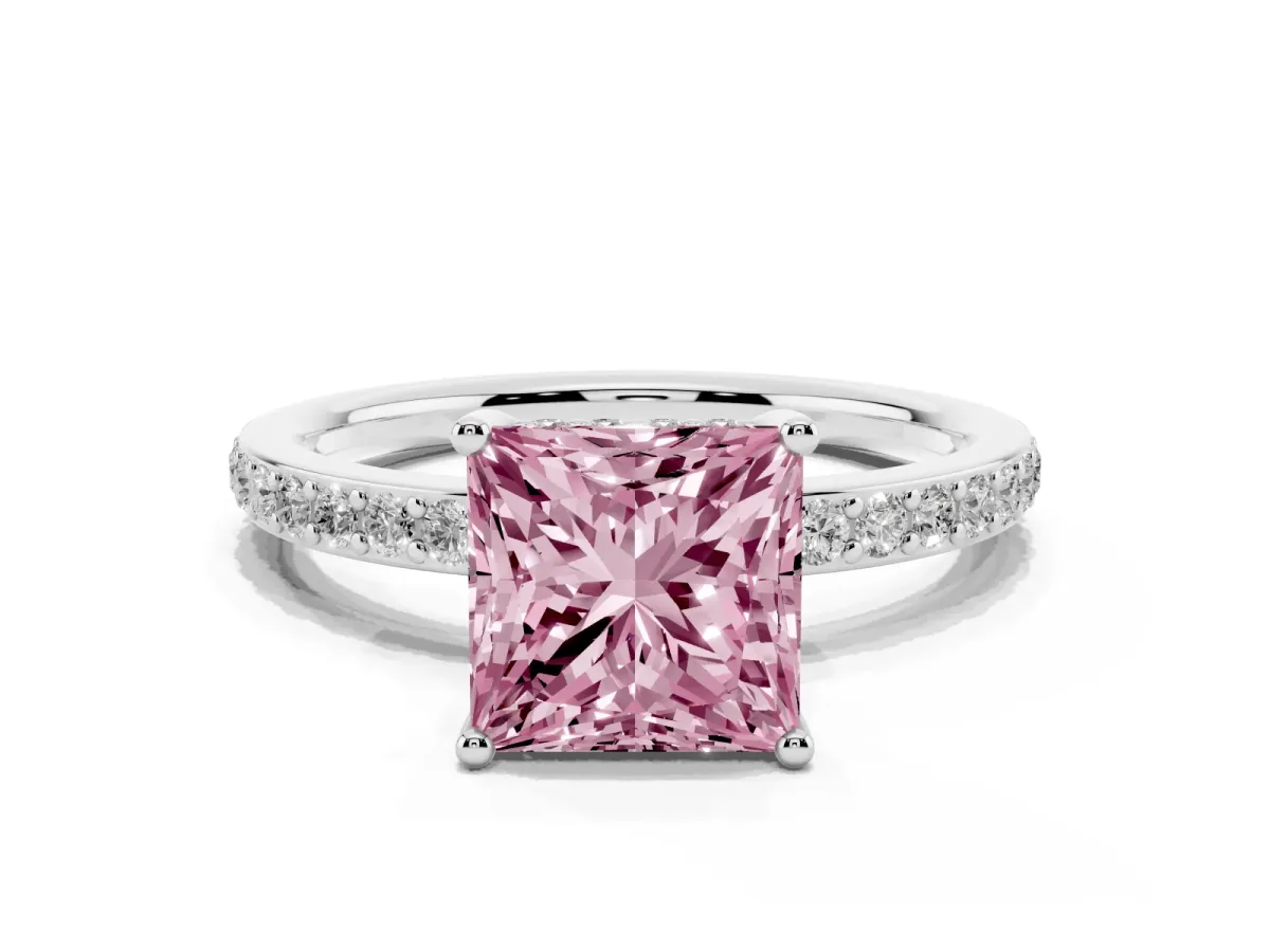 Fancy Pink Princess Cut Cut Diamond Pavé Band Ring with Four-Prong Setting Silver