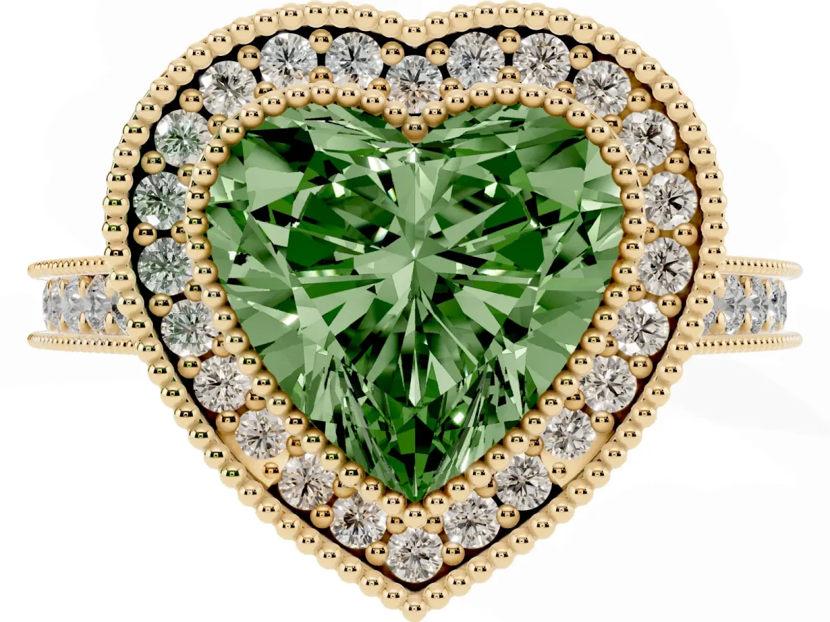 Fancy Green Halo Heart Cut-Cut Diamond Pave Band Milgrain Prong Setting Ring Yellow gold