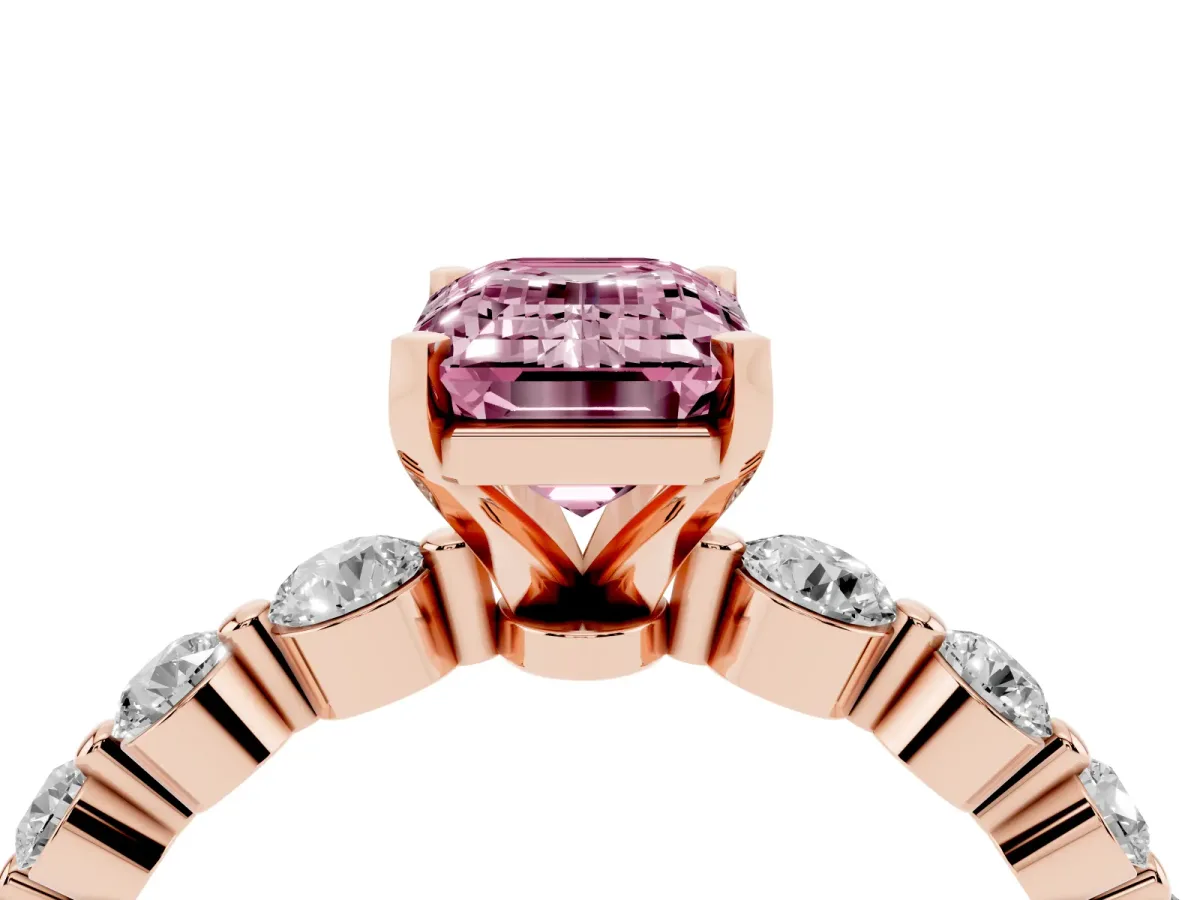 Fancy Pink Emerald Cut Solitaire Diamond Ring with Pave Band and Four-Prong Setting Rose gold