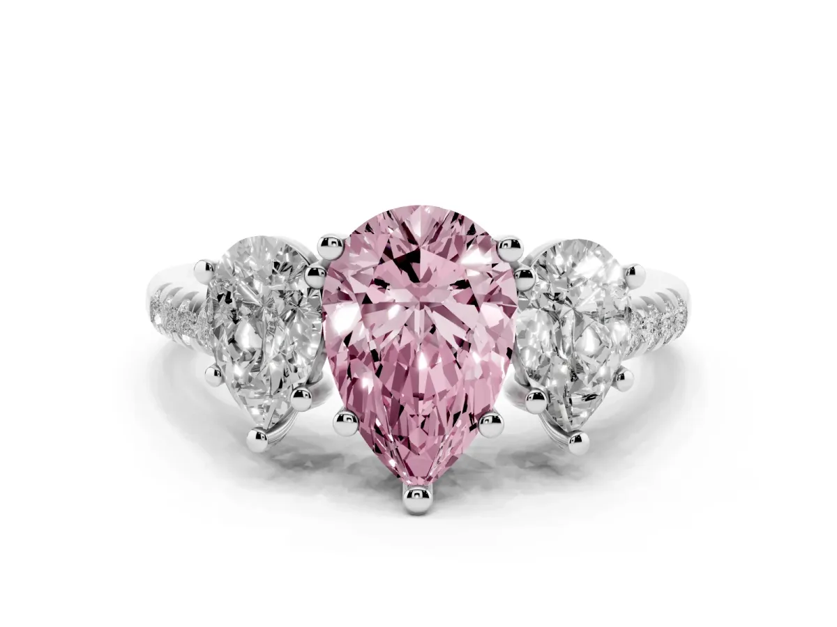 Fancy Pink Three-Stone Pear Cut Diamond Ring with Round Pavé Band and Prong Setting Silver