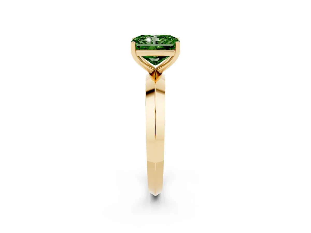 Fancy Green Radiant Cut Cut Solitaire Engagement Ring with Flat Band and Four-Prong Setting Yellow gold